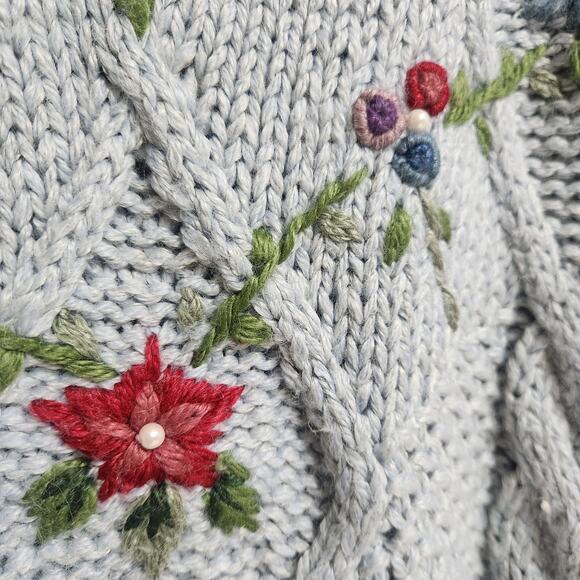 Vtg Bobbie Brooks Hand Knit Embroidered Sweater Womens Medium Cottagecore Floral - Picture 4 of 16